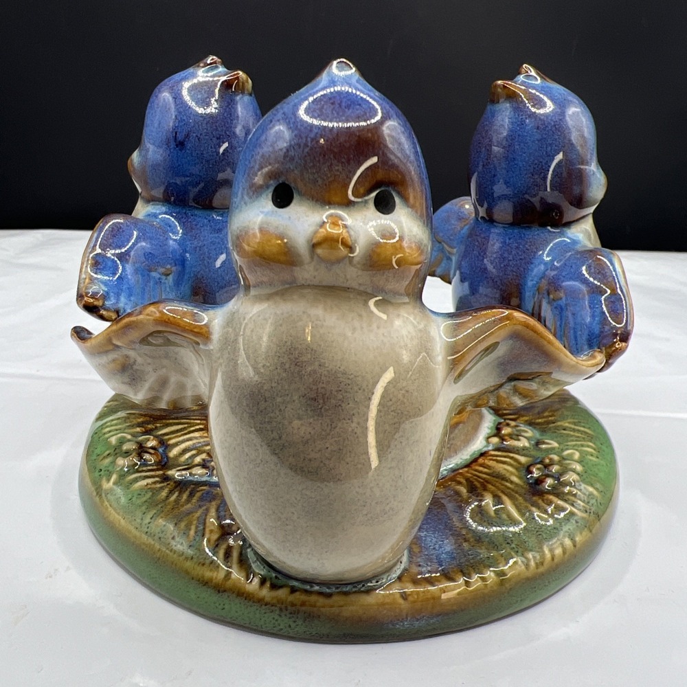 Vintage Ceramic Blue Bird Trio Ring Votive Tealight Candle Holder Figurine 1950s